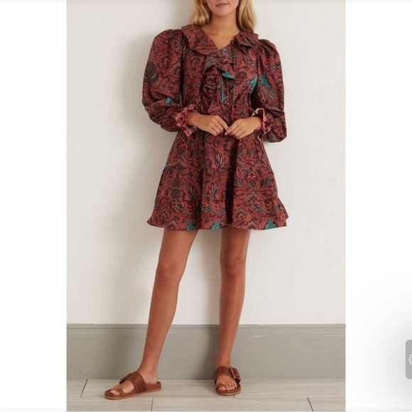 ULLA JOHNSON Caris Long Sleeve Ruffle Dress In Red Oversized Fit - Picture 8 of 15